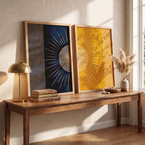 Image of YANVEER Modern Sunburst Abstract Wall Art Painting | Boho Minimalist Sun Art Home Decoration Painting With Frame For Living Room Bedroom Office Wall Decor Size (13X17 inch)