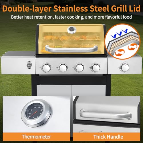 Image of 4 Burner Propane Gas Grill, 49,000 BTU Outdoor BBQ Grill with Cast Iron Grates & Griddle Combo, Large Cooking Area with Side Burner, Pullout Grease Tray, Portable for Backyard Patio