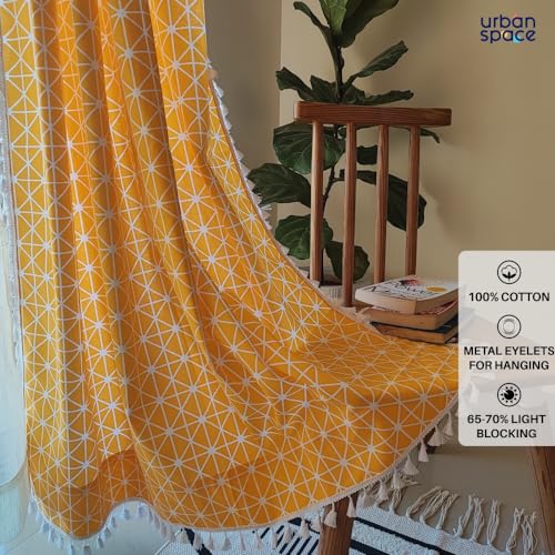 Image of Urban Space 100% Cotton Semi Sheer Curtain for Door, Bohemian Curtains 7 Ft Long with Eyelets and Tieback, 2 Curtains with 2 Cushion Covers (Door- 7 X 4Ft, Cushion Cover- 16X16 Inch, Yellow Star)