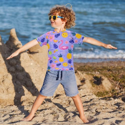 ALAZA Kids Rash Guard Boys Toddler Swim Shirts Short Sleeve Flamingo Pineapple Violet UPF 50+ 3T4