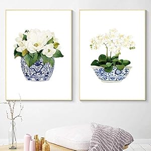 Canvas Schilderij Blauw Wit Wilg Stijl Gember Pot Aquarel Chinoiserie Decor Vaas Porselein Bloem Prints 30x50cm (12x20in…