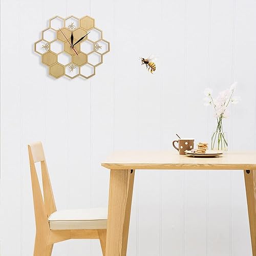 Miniatura 6 de XDG Reloj de pared de madera natural con diseño de abejas y panal de abeja, arte de pared, diseño de abeja, miel, contemporáneo, para decoración del