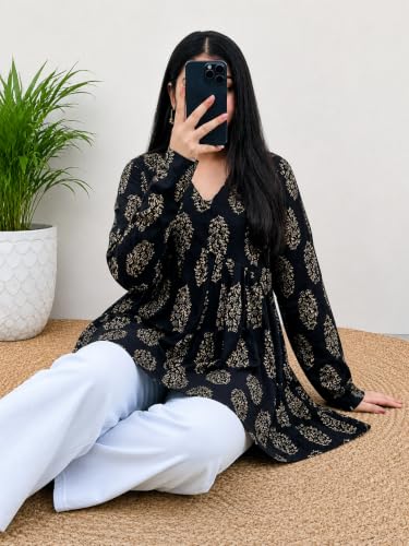 Image of Women's V Neck Anarkali Short Kurti for Women Full Sleeve Floral Print |Stylish Kurtis & Short Kurtis for Woman | Casual Kurti with Jeans | Kurtas for Woman