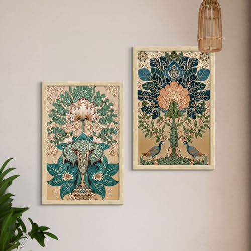 Image of ArtX Paper Madhubani Art Paintings with Frame for Home Decor, Wall Painting for Living Room, Multicolor, Natural Wood Color Frames, Set of 2