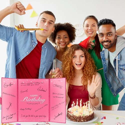 Image of Holkcog Pink Birthday Party Decorations for Girls, Glitter Let's Go Party Alternative Signature Guest Book for Women, Hot Pink Birthday Gifts Signing Card Board, Behind You All Your Menories Supply