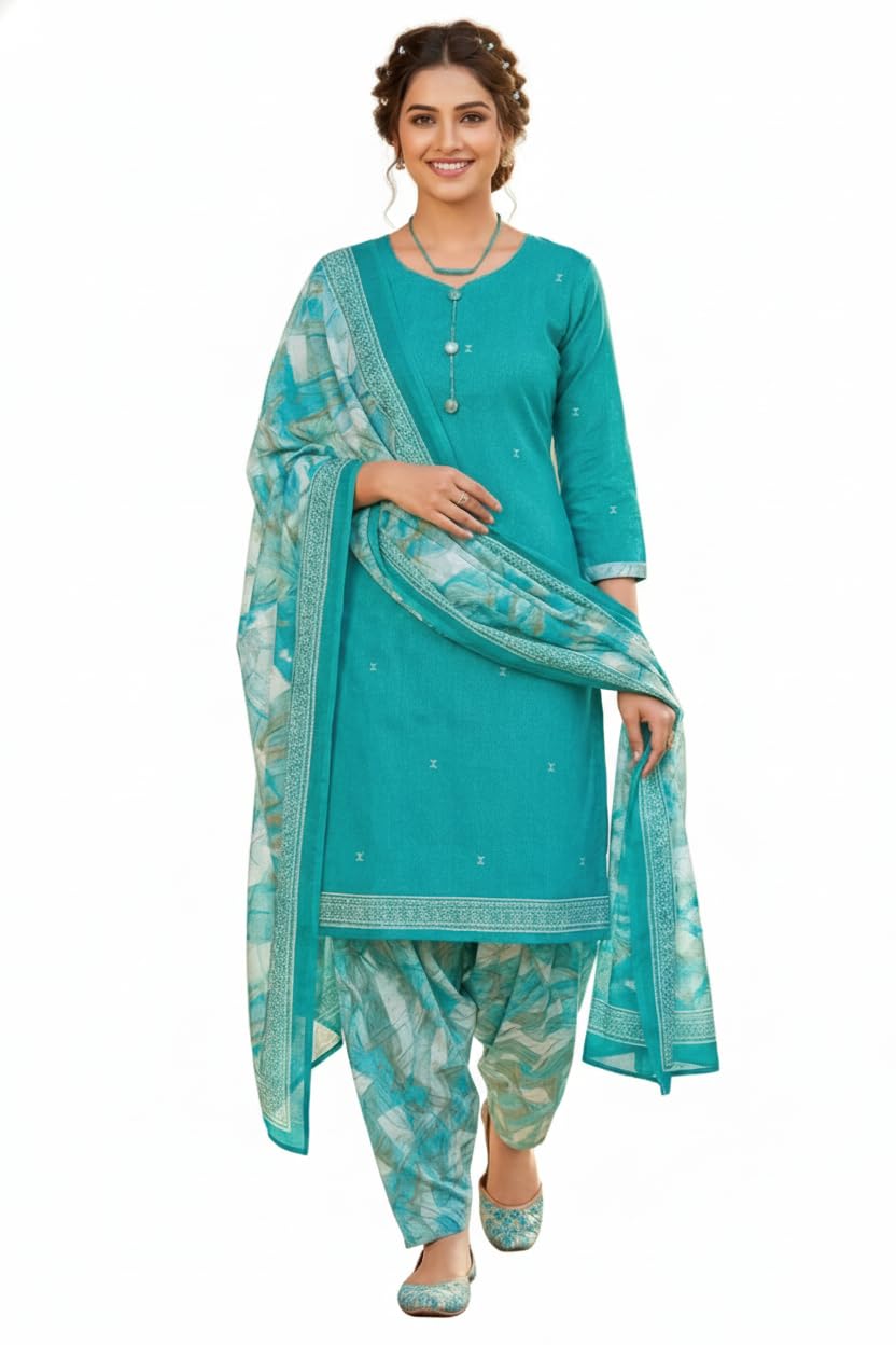 Rajnandini Turquoise Cotton Blend Printed Ready to Wear Patiala Salwar Suit (Readymade_P_JOPLVSRW5223-P)