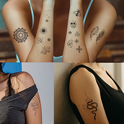 Esland 330+ Realistic Black Temporary Tattoos for Adults 60 Pcs Vintage Skeleton Snake Tattoo Designs, Crowns, Arrows - Image 2