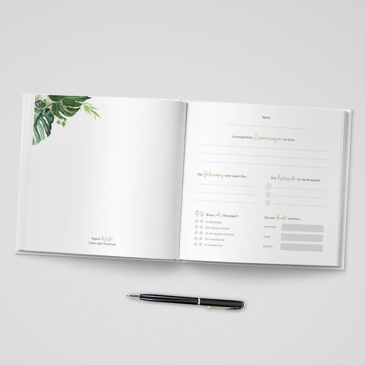 Gästebuch zur Hochzeit mit Fragen - quadratisch, Hardcover 104 Seiten - Hochzeitsgästebuch Hochzeitsalbum Hochzeitsbuch | Monstera Leaf (Motiv - eckig)