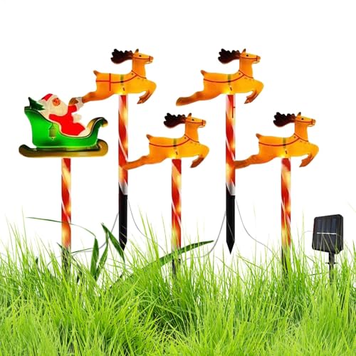 Luces solares de Navidad con diseño de alce, 5 piezas de luces de reno de Navidad para exteriores, funciona con energía solar, estacas de Navidad, estacas de jardín, 8 modos para jardín, patio,