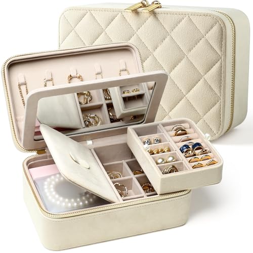 Lumayina Velvet Travel Jewelry Box with Large Mirror Double-Layer Jewelry Organizer Case for Women and Girls Portable Storage Case with 6 Anti-Tarnish Bags Gift Ready for Her (Beige)