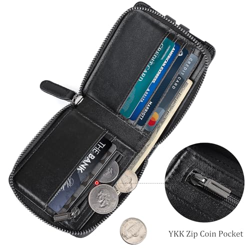 Image of Polare Napa Leather Bifold Wallet for Men RFID Blocking Card Case with AirTag Slot and YKK Zip Coin Pocket (Black)