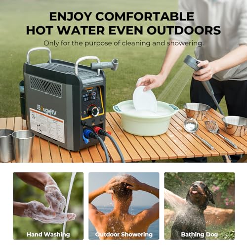 BougeRV Portable Propane Water Heater w/Water Pump & Showerhead, Instant Hot Water Heater w/Built-in battery for Showering &Cleaning, Outdoor Use Only, Camping Water Heater w/Overheating Protection