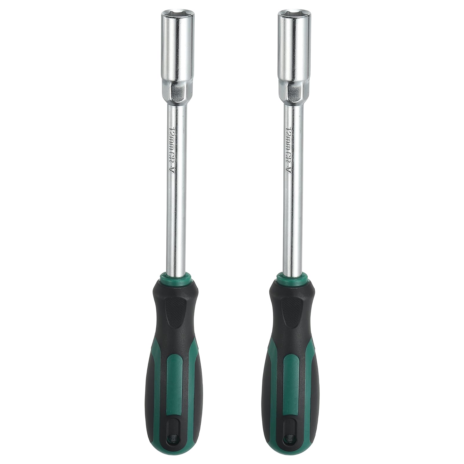 sourcing map 2 Pcs Metric Nut Driver 12mm CR-V Non-Magnetic Tip Hollow Shafts Hex Socket Screwdriver with Anti-Slip Handle for Automobile Repair Bit Driver, Green/Black
