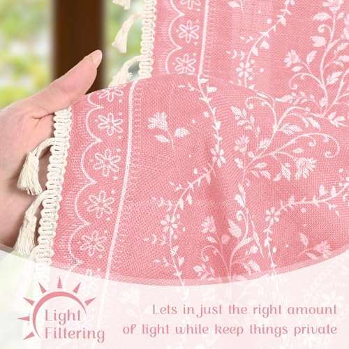 Image of Yinhua Boho Valance Curtains Vintage Linen Pink Kitchen Valances for Windows Light Filtering Bohemian Floral Valance Rod Pocket Farmhouse Tassel Window Valances for Bathroom Cafe, 52 inch W X 18 inch L