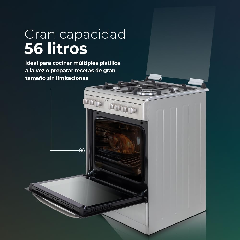 Svan Cocina Mixta gas Butano 4 Zonas Inox SKMW4600X. Quemador WOK triple llama, Kit Conversión Gas Natural, Acabado en Inox