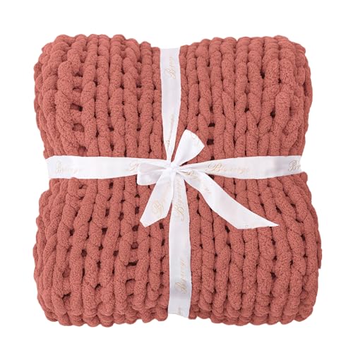 Bigacogo Chunky Knit Throw Blanket for Couch, 40x60 inches, 100% Hand Knitted with Thick Jumbo Chenille Yarn, Cozy Soft Large Rope Knot Cable Crochet Blankets for Sofa Bed Living Room, Antique Red
