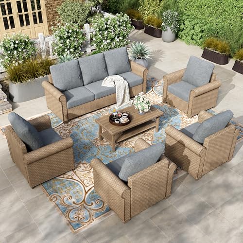 Image of HERA'S HOUSE Patio Furniture Set, 4 x Cushioned Chairs, 3-Seat Sofa with Wood Grain Coffee Table, 5 Seats Luxury Windsor Style All Weahter Outdoor Sofa Conversation Set for Deck Lawn Backyard
