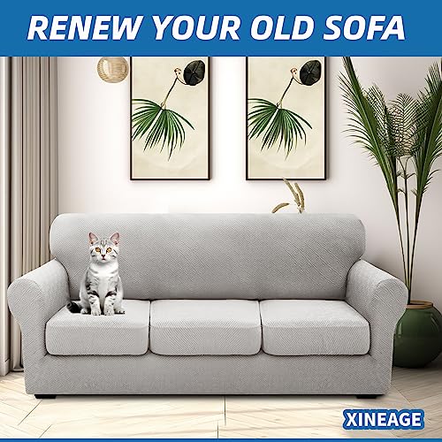XINEAGE 2025 New 4 Pieces Extra Large Couch Covers for 3 Cushion Sofa Super Stretch Sofa Cover for 3 Large Seat Cushion Universal Slip Cover for Living Room (Silver Grey), 91"-110"(3 Cushions)