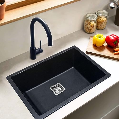 Ruhe® Quartz Single Bowl 24x18x9 Inches Kitchen Sink | Black Non-fading Colour with UV Protection | Natural Stone Quartz/Granite Sink with Sink Coupling, Waste Pipe & Strainer Basket