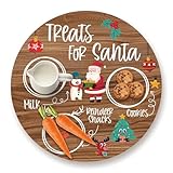 Treats for Santa Cookie Plate, Round Christmas Tray for Snacks, Milk, and Carrots, Cute Santa Treat Platter for Xmas Eve, Christmas Decoration, Xmas Gift, Round Wooden Tray-SDTP01
