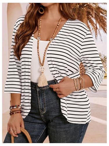 MakeMeChic Women's Plus Size Cardigan Lightweight Striped Jacket Casual Long Sleeve Vacation Kimono Top Fall Fashion3