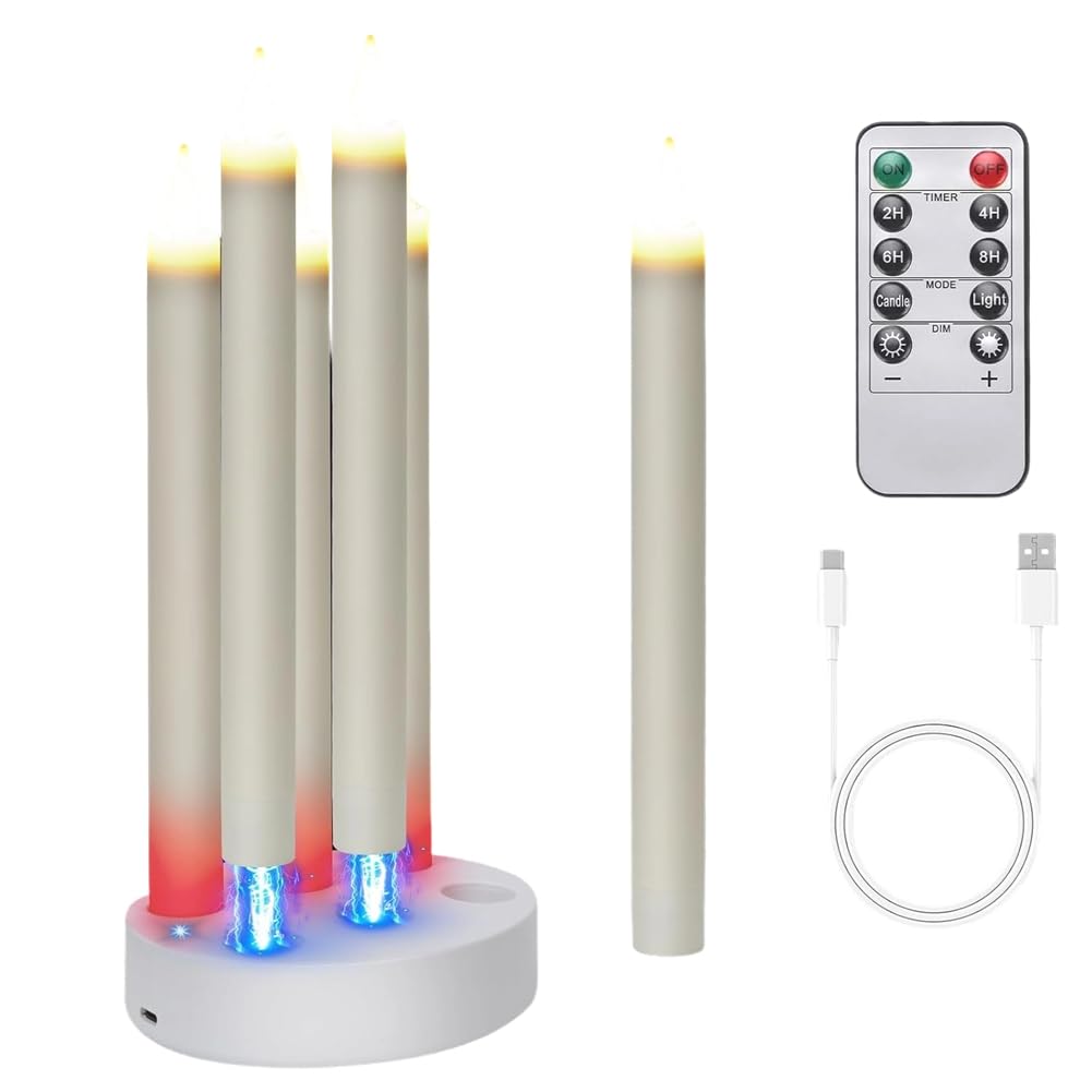Vjsujehgy Rechargeable Flameless LED Taper Candles 6 Pcs Flickering with Charging Station and Remote Timer Included