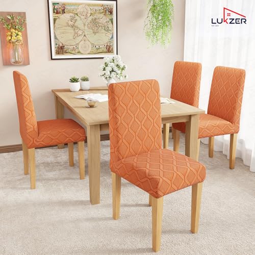 Image of Lukzer Elastic Dining Chair Cover - 6PC Pastel Orange Diamond | Textured High Stretch Jacquard Seat Cover | Removable Washable Short Dining Chair Cover Protector Seat Slipcover | (CC-155-06)