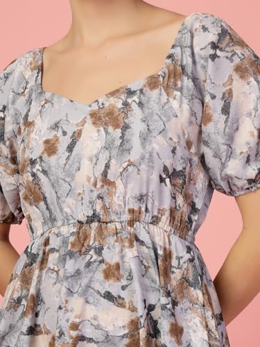 Image of OOMPH! Below Knee Shift Pink Dress in Crepe Fabric with Round Neck and Puff Sleeves - md619l