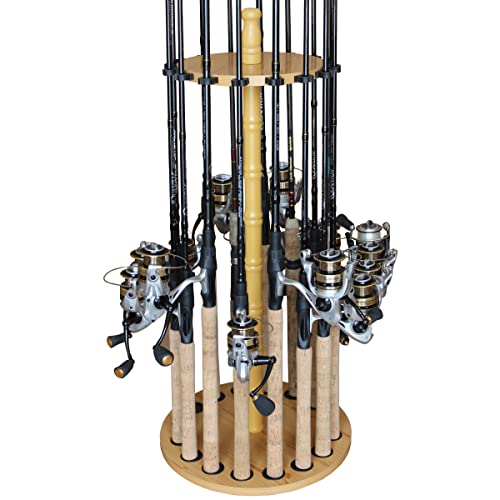 Rack redondo Rush Creek Creations para 16 varas de pesca – Suporte e armazenamento para vara de pesca, laminado de grão de madeira