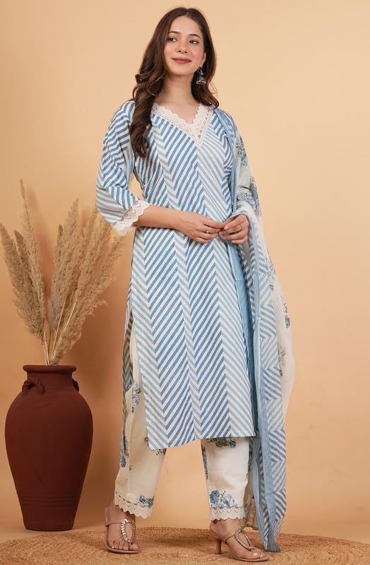Image of rytras Women Pure Cotton Printed Straight Kurta Set with Palazzo pants & dupatta|Ethnic wear|Kurti Suit Set for Women