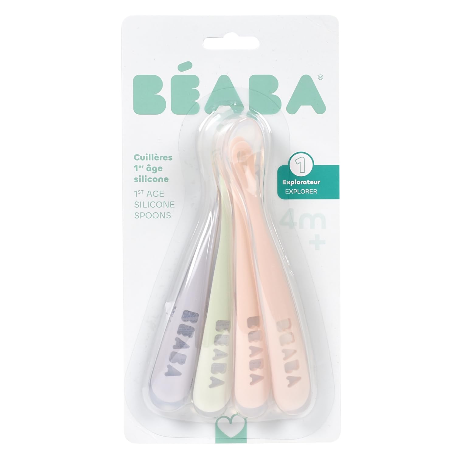 Béaba - Lot de 4 Cuillères en Silicone Bébé / Enfant 1er Âge - Dès 4 mois, Souple - Bout arrondi - Manche long et Ergonomique, Barbe à papa / Guimauve / Vert de gris / Lila - 3