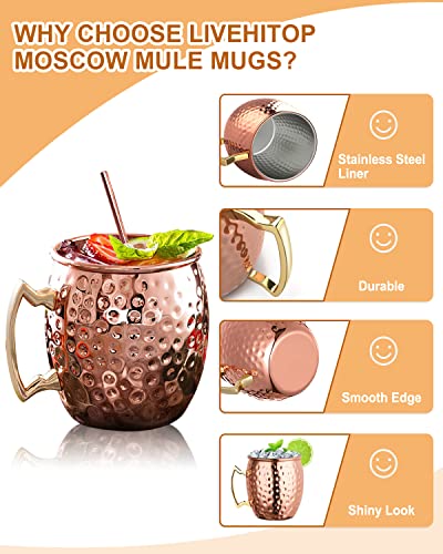 Foto von LIVEHITOP 4 Stück Moscow Mule Kupfer Becher Set, 19.5 Oz Handgemacht Cocktail Tasse for Kaltes Getränk, Wein, Bar, Party, Geschenkset, mit 4 Untersetzer