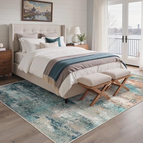 Image of BEIMO Area Rugs 8x10 for Living Room Bedroom, Modern Abstract Machine Washable Rug, Large Soft Low Pile Floor Carpet with Non Slip Backing for Dining Room, Blue /Orange