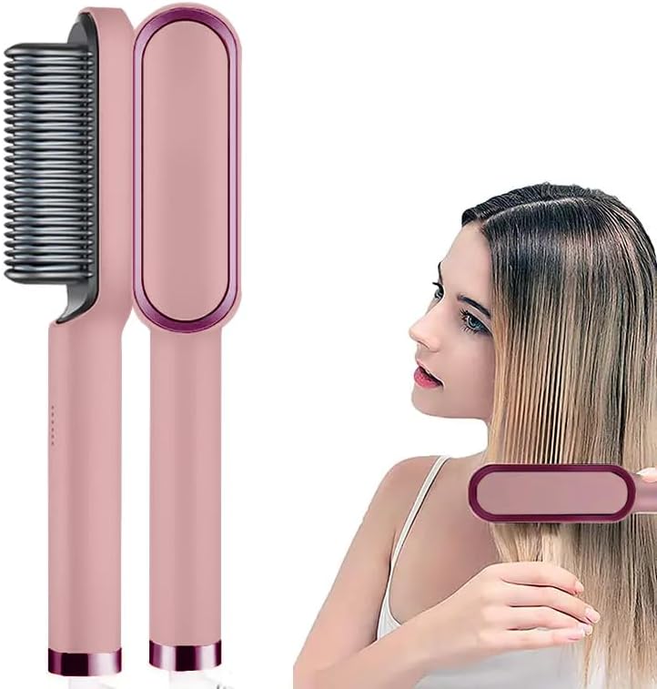 Portable Hair Straightener Brush and Comb, Flat Iron Hair Straightener for Smooth, Sleek Results, Mini Hair Straightener for Travel, Compatible with Chi & Lange, for All Hair Types Pink