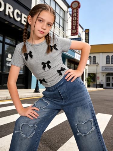 Image of Size 7-14 Years Girls 2 Piece Outfits Bow Short-Sleeved Top and Jeans Pants Clothing Set