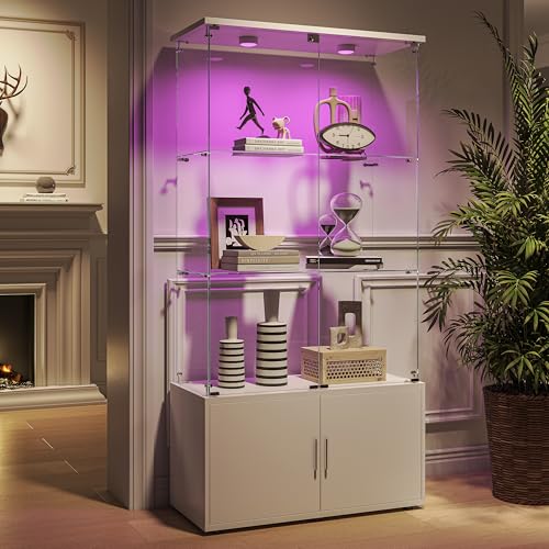 Vitrine en Verre avec Led,Armoire Vitrine Pour Collection avec 4 Porte 3 étagères Transparent,Meuble bas en bois,Meuble VITRINES Verre,Miroir Vitrines De Figurine...
