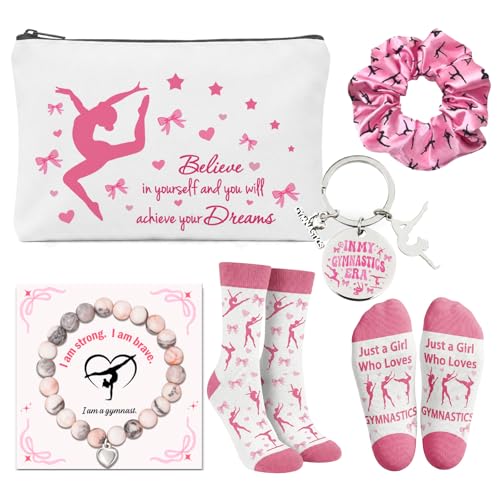 5 Pcs Gymnastics Gifts for Girls Makeup Bag Socks Scrunchie Keychain and Bracelet Inspirational Gymnastics Bag Socks Birthday Gifts for Women Sister Friends Mum Team Daughter Gymnastics Lover