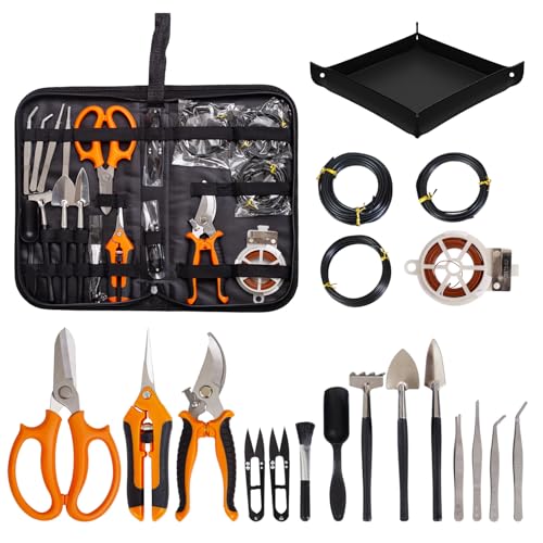 Bonsai Tools Kit 20 Pcs Garden Tools Set for Beginner, Includes Bonsai Wire Kit, Plant Mat, Pruning Shears, Bonsai Scissors, Succulent Tools in Leather Storage Bag, Gardening Gift for Women Men