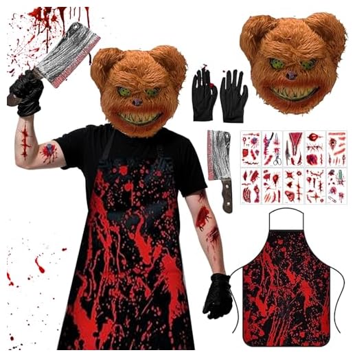 Ayucanpeng Halloween Oso del Terror Disfraces,Máscara de Oso Sangriento,Máscara de Halloween, Delantal Sangriento, Cuchillo Sangriento, Pegatinas Cicatriciales, Guantes,Adultos Y Adolescentes
