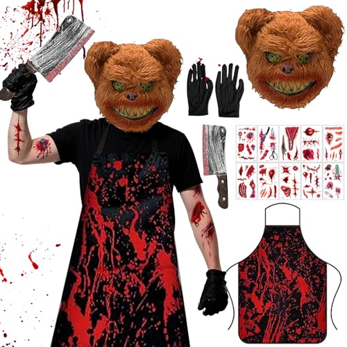 Ayucanpeng Halloween urso do terror disfarces, máscara de urso sangrento, máscara de Halloween, avental sangrento, faca sangrenta, autocolantes ciclicatriciais, luvas, adultos e adolescentes
