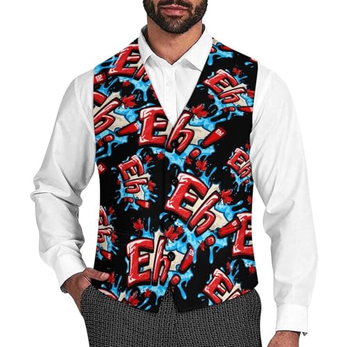 Canada Eh Red Maple Leaf Men's Suit Vest Waistcoat Vests Formal Dress with 2 Pockets for Business Casual Tuxedo