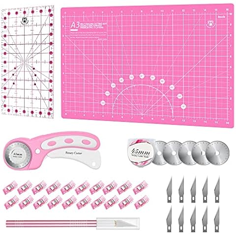Headley Tools Rotary Cutter Set - 45mm Fabric Cutter, 5 Replacement Rotary Blades, A3 Cutting Mat, Quilting Ruler and Sewing Clips, Craft Knife Set, Ideal for Crafting, Sewing, Patchworking, Pink Cover