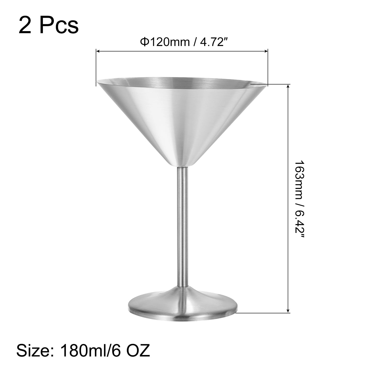 Uxcell Stainless Steel Martini Cocktail Glasses, 2Pcs 180ml/6 OZ Unbreakable Martini Glasses, Red Wine Glass Metal Shatter Proof for Wedding, Parties, GiftSilver - Image 2