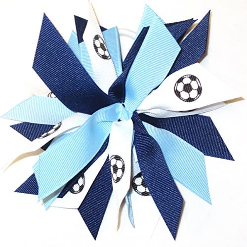 Soccer Pom Hair Bow, Made in the USA, white pony band, many colors (Navy/Light Blue)