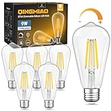 Dimmable LED Edison Bulbs 9W (80 Watt Equivalent) 1100 Lumens, 3000K Soft White, ST64 E26 Base LED Light Bulbs, Vintage Clear Glass LED Filament Bulb for Home Lamp, Wall Sconce, Chandelier, 6 Pack