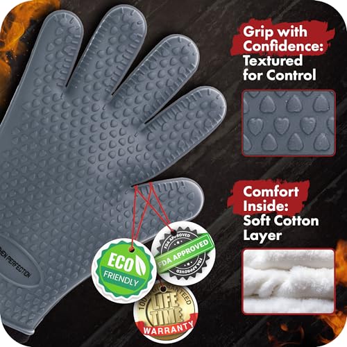 Image of KITCHEN PERFECTION Silicone Smoker Oven Gloves For Women -Extreme Heat Resistant BBQ Gloves -Handle Hot Food Right on Your Smoker Grill Fryer|Waterproof Oven Mitts Grill Gloves |Superior Set+3 Bonuses