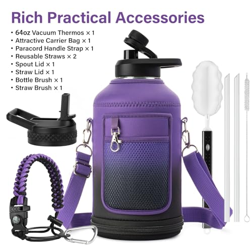 Insulated Water Bottle | Thickened Stainless Steel Vacuum Metal | Portable Sports Half Gallon Large Water Jug for Gym and Hiking with Straw, Carrier Bag, Handle Strap | BPA-Free 64 oz