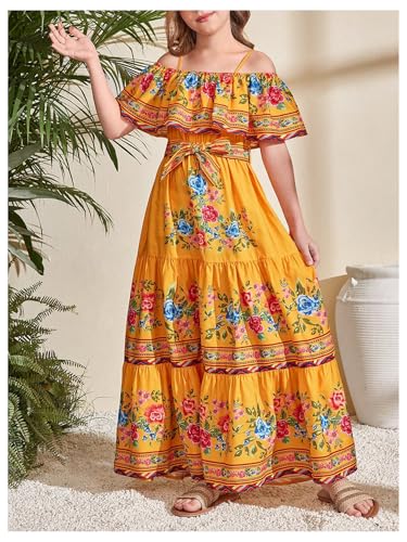 Girl's Boho Floral Dress Cold Shoulder Short Sleeve Flowy Summer Vacation Maxi Dresses4