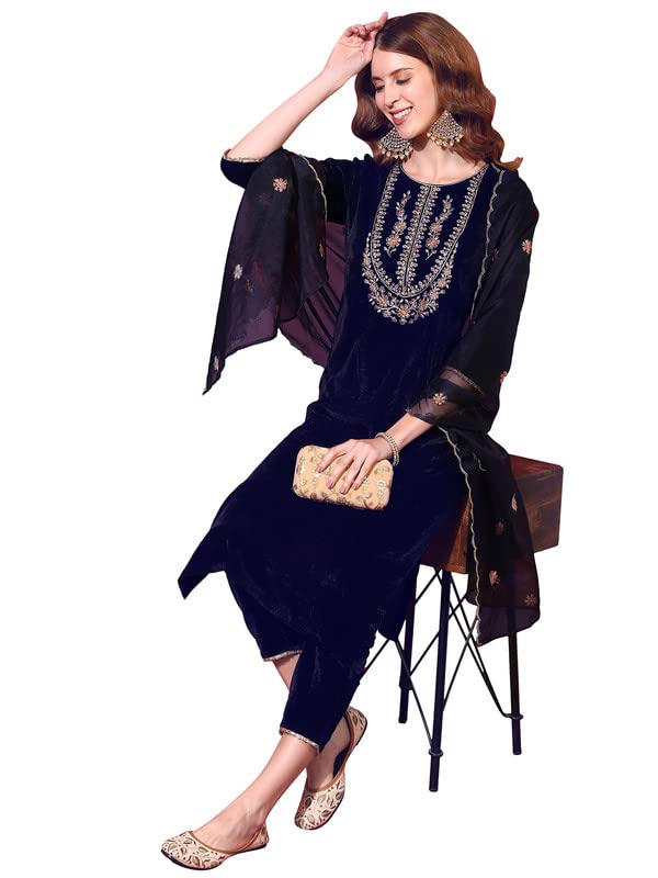 Image of SIRIL Women's Velvet Embroidery Straight Kurta Pant with Dupatta