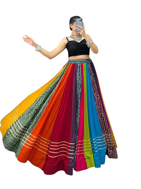 Women's Readymade Multicolour Printed Rayon Navratri Lehenga Chol...